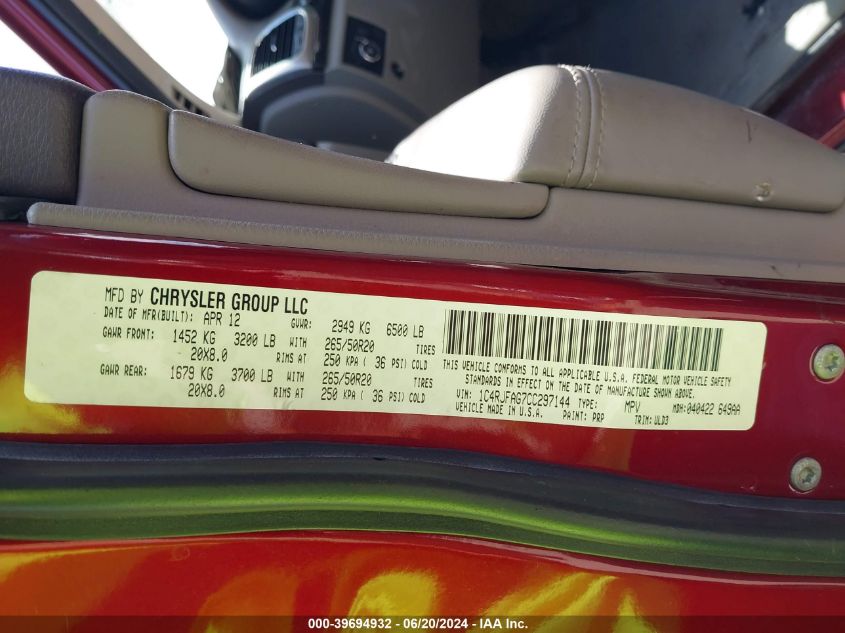 2012 Jeep Grand Cherokee Laredo VIN: 1C4RJFAG7CC297144 Lot: 39694932