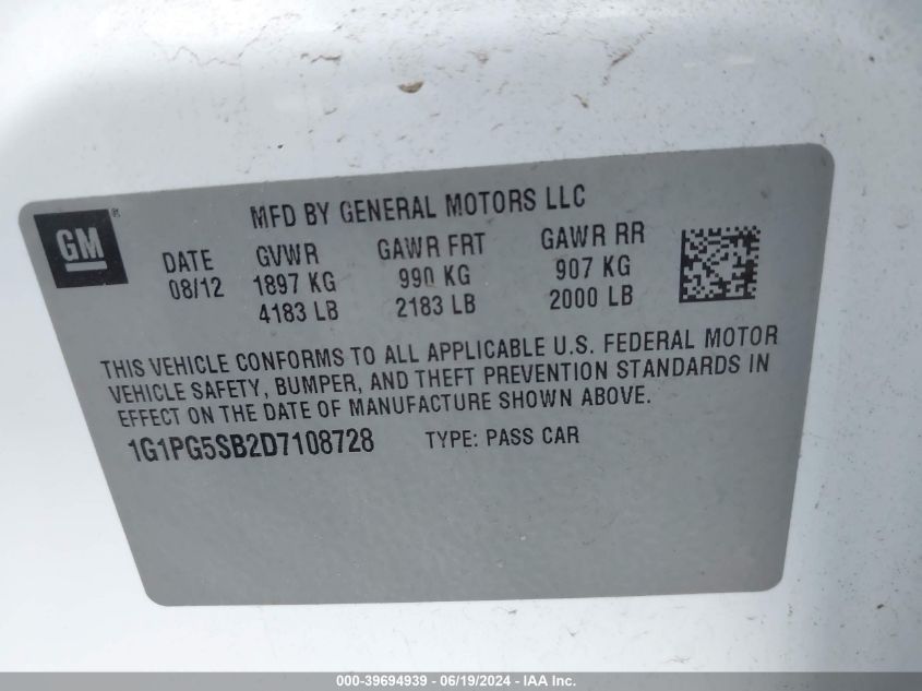 2013 Chevrolet Cruze Ltz VIN: 1G1PG5SB2D7108728 Lot: 39694939