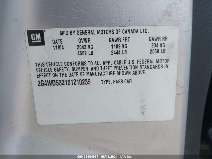 2005 Buick Lacrosse Cxl VIN: 2G4WD532151210235 Lot: 39694957