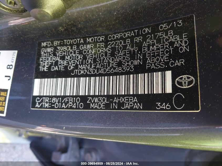 VIN JTDKN3DU4D5648393 2013 TOYOTA PRIUS no.9