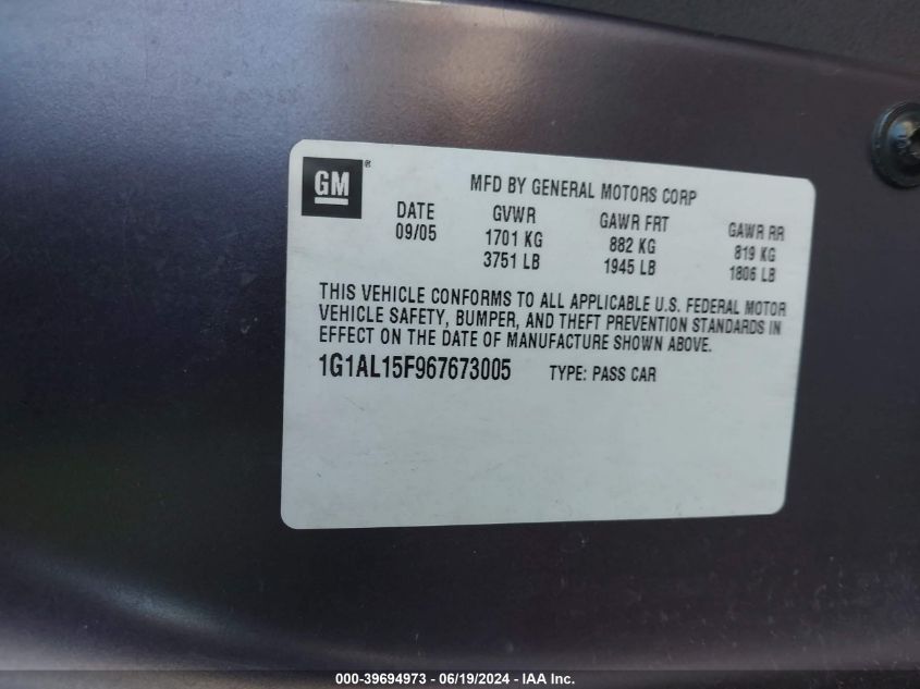 2006 Chevrolet Cobalt Lt VIN: 1G1AL15F967673005 Lot: 39694973