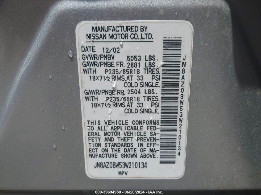 2003 Nissan Murano Sl VIN: JN8AZ08W53W210134 Lot: 39694980