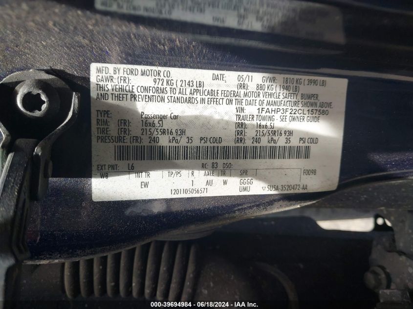 2012 Ford Focus Se VIN: 1FAHP3F22CL157580 Lot: 39694984