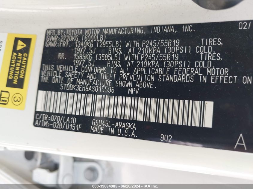 2010 Toyota Highlander Limited V6 VIN: 5TDDK3EH8AS015596 Lot: 39694985