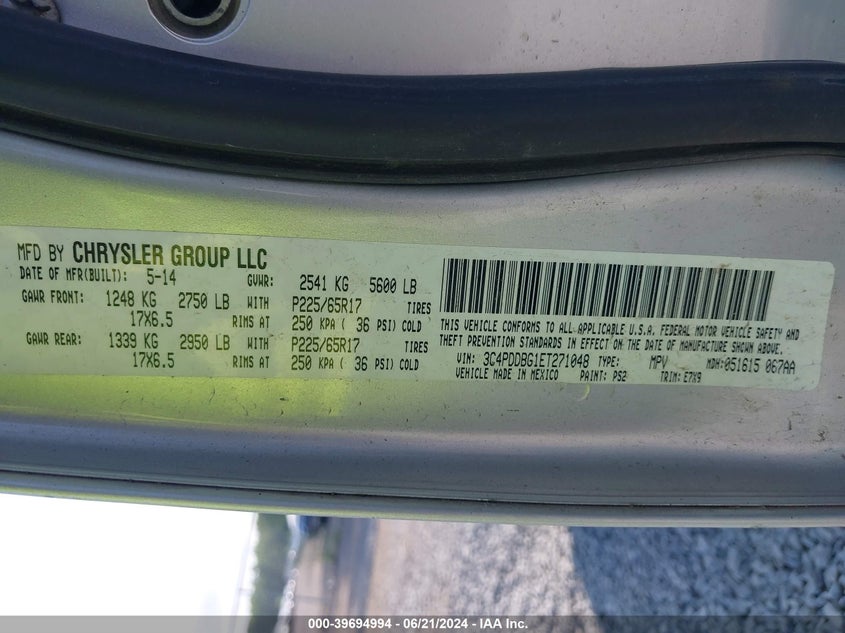 2014 Dodge Journey Sxt VIN: 3C4PDDBG1ET271048 Lot: 39694994