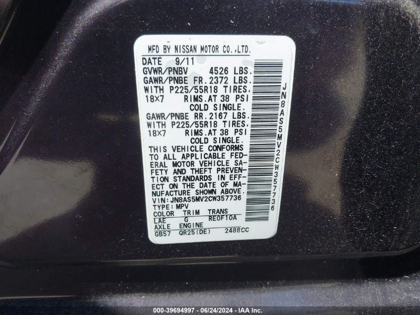 2012 Nissan Rogue Sv W/Sl Pkg VIN: JN8AS5MV2CW357736 Lot: 39694997