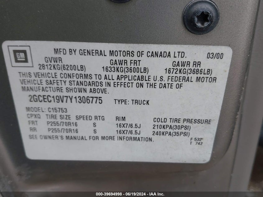 2000 Chevrolet Silverado 1500 Ls VIN: 2GCEC19V7Y1306775 Lot: 39694998