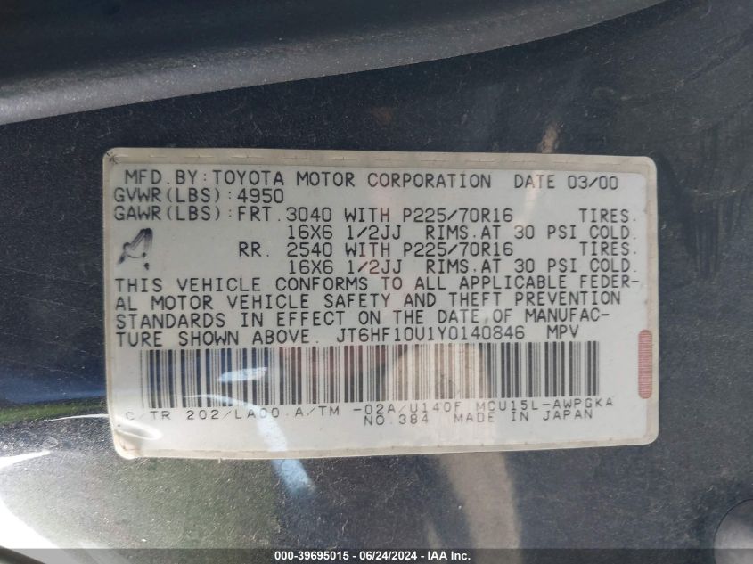 2000 Lexus Rx 300 VIN: JT6HF10U1Y0140846 Lot: 39695015