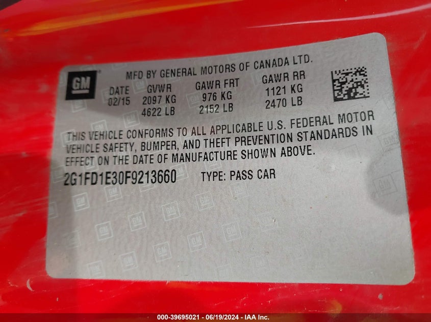 2015 Chevrolet Camaro 1Lt VIN: 2G1FD1E30F9213660 Lot: 39695021