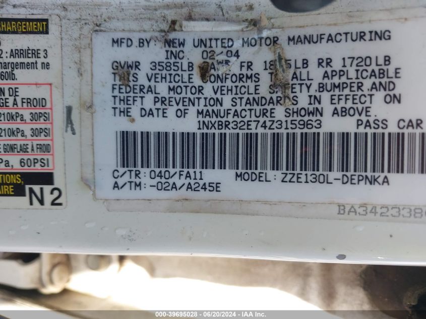 2004 Toyota Corolla Ce/Le/S VIN: 1NXBR32E74Z315963 Lot: 39695028