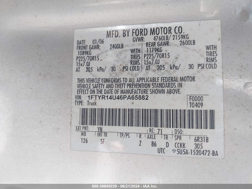 2006 Ford Ranger Sport/Stx/Xl/Xlt VIN: 1FTYR14U46PA65882 Lot: 39695039