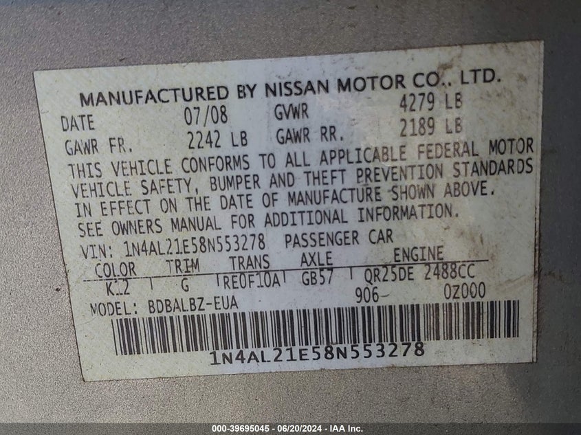 2008 Nissan Altima 2.5 S VIN: 1N4AL21E58N553278 Lot: 39695045
