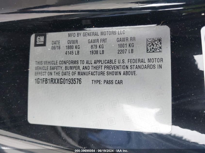 2016 Chevrolet Camaro Lt VIN: 1G1FB1RXXG0193576 Lot: 39695054