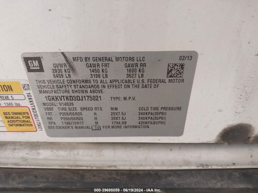 2013 GMC Acadia Denali VIN: 1GKKVTKD3DJ175021 Lot: 39695059