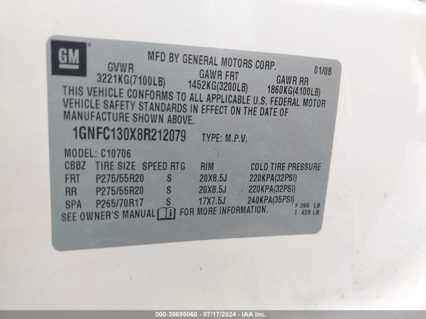 2008 Chevrolet Tahoe Ltz VIN: 1GNFC130X8R212079 Lot: 39695060