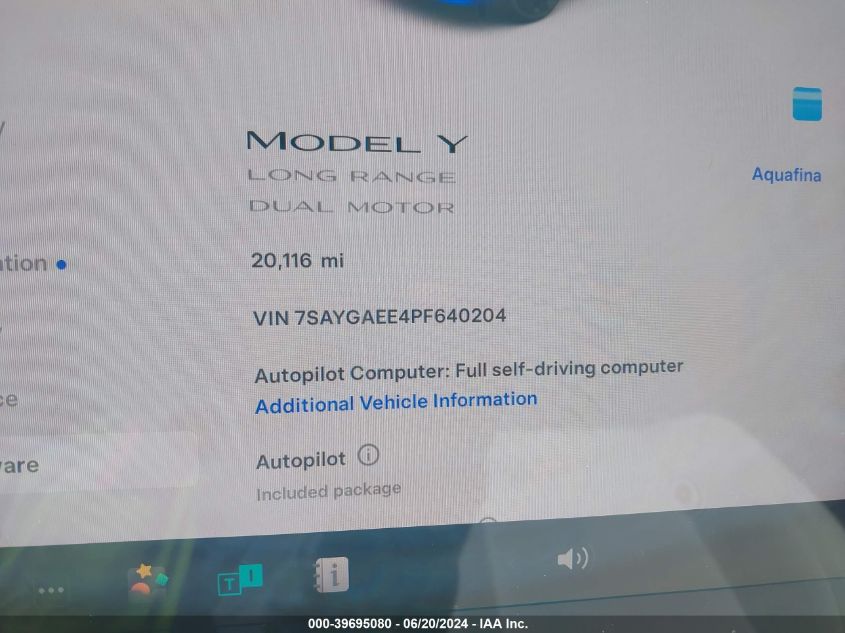 2023 Tesla Model Y Awd/Long Range Dual Motor All-Wheel Drive VIN: 7SAYGAEE4PF640204 Lot: 39695080