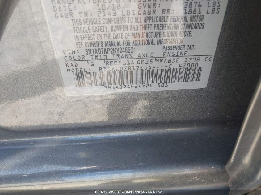 3N1AB7AP2KY246501 2019 Nissan Sentra Sv