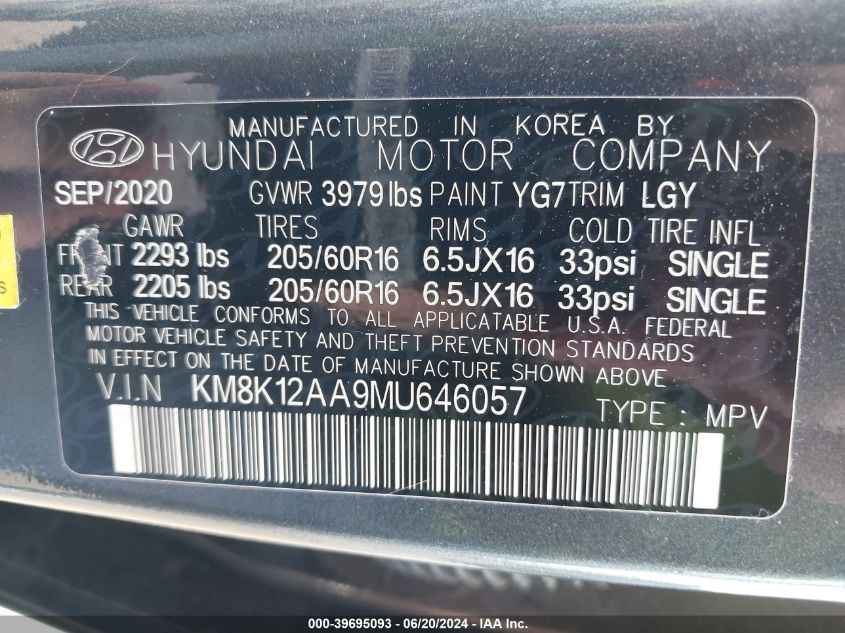 2021 Hyundai Kona Se VIN: KM8K12AA9MU646057 Lot: 39695093