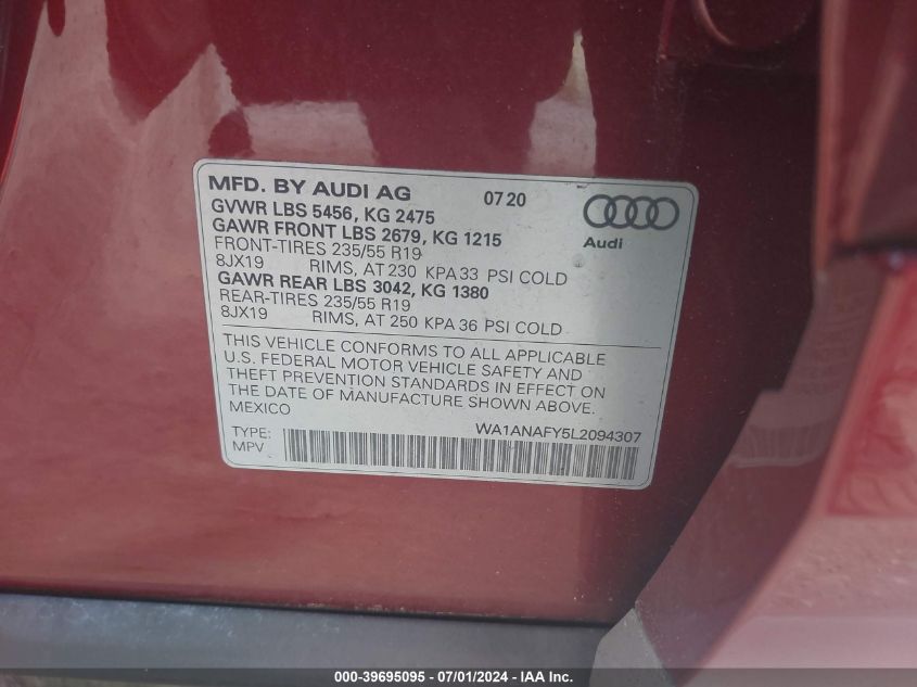 2020 Audi Q5 Premium 45 Tfsi Quattro S Tronic VIN: WA1ANAFY5L2094307 Lot: 39695095