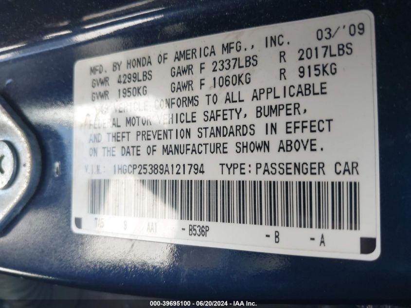2009 Honda Accord 2.4 Lx VIN: 1HGCP25389A121794 Lot: 39695100