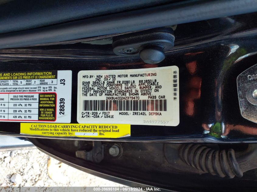 2010 Toyota Corolla S VIN: 1NXBU4EE2AZ379470 Lot: 39695104