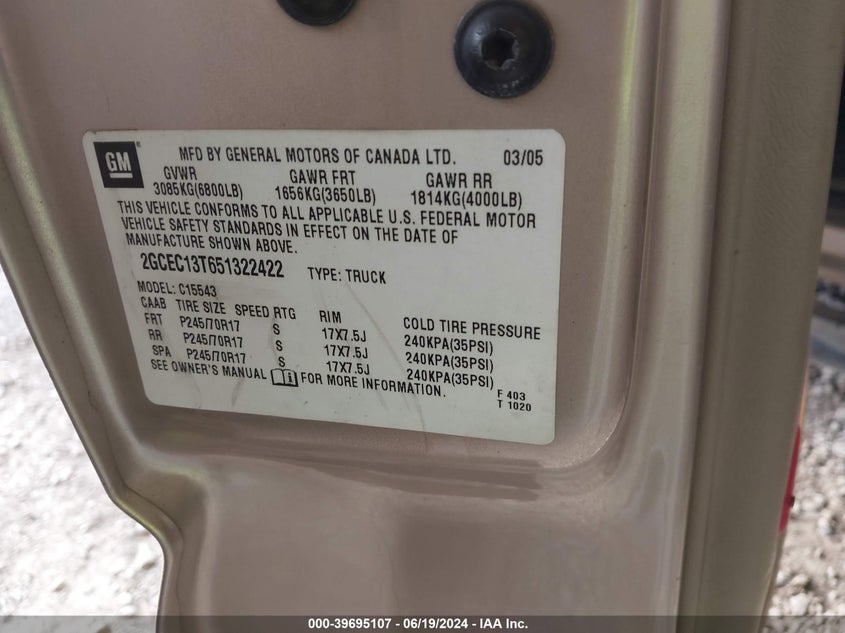 2005 Chevrolet Silverado C1500 VIN: 2GCEC13T651322422 Lot: 39695107