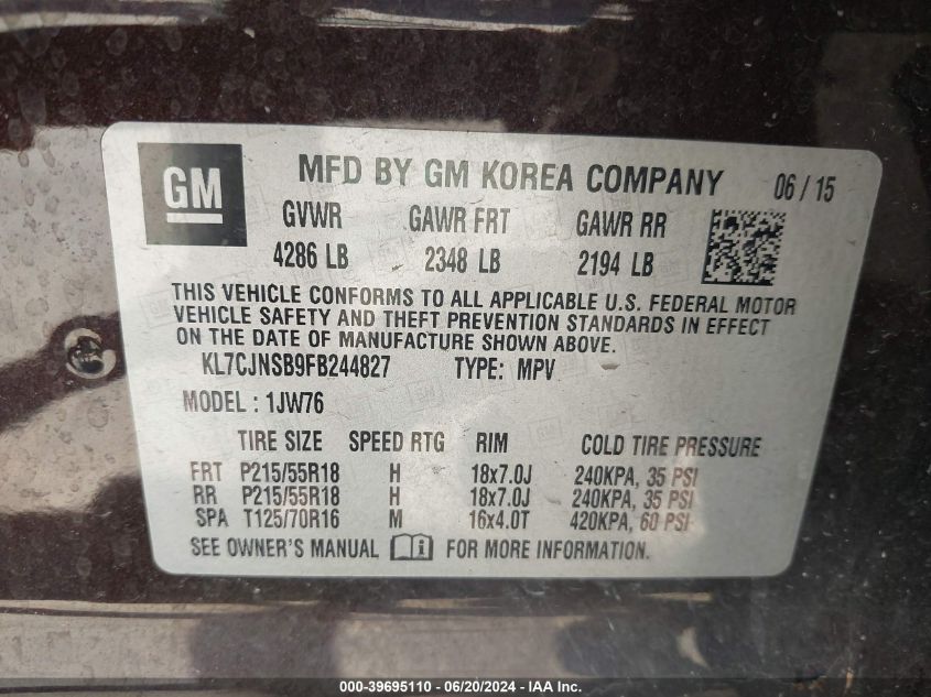 2015 Chevrolet Trax Ltz VIN: KL7CJNSB9FB244827 Lot: 39695110