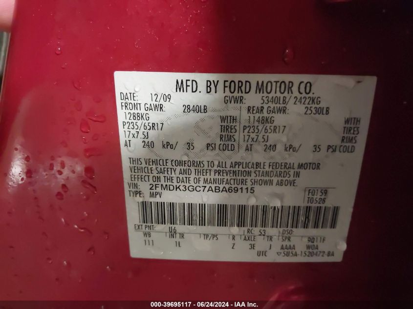 2010 Ford Edge Se VIN: 2FMDK3GC7ABA69115 Lot: 39695117