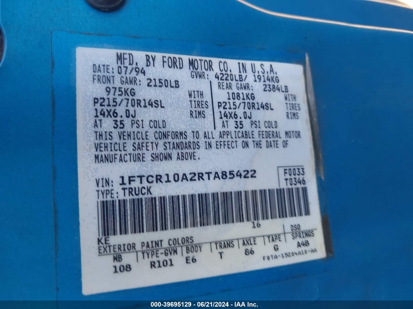 1994 Ford Ranger VIN: 1FTCR10A2RTA85422 Lot: 39695129