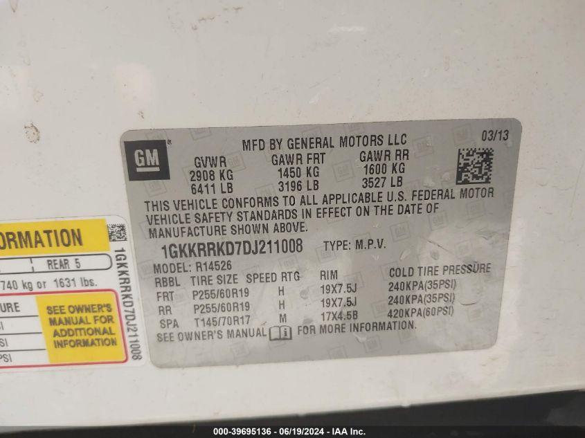 2013 GMC Acadia Slt-1 VIN: 1GKKRRKD7DJ211008 Lot: 39695136
