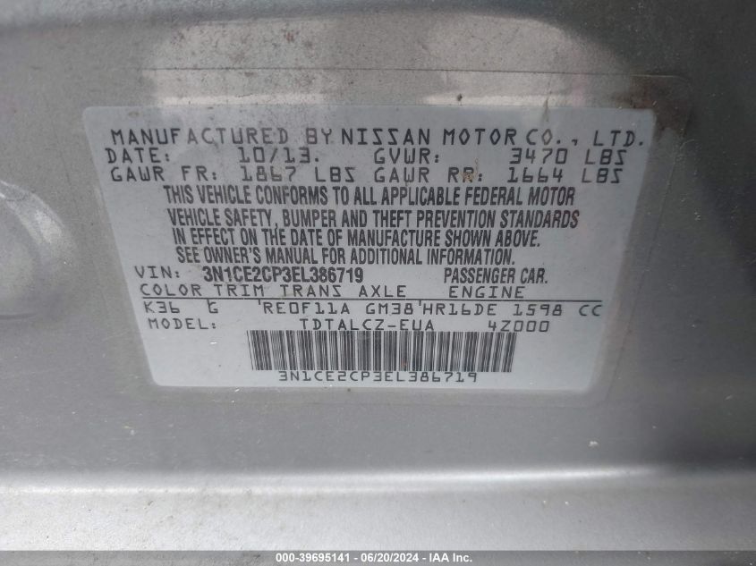 2014 Nissan Versa Note S/S Plus/Sv/Sl VIN: 3N1CE2CP3EL386719 Lot: 39695141