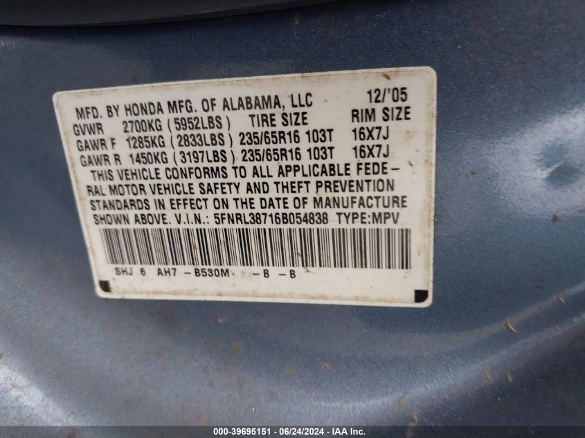 2006 Honda Odyssey Ex-L VIN: 5FNRL38716BB05483 Lot: 39695151