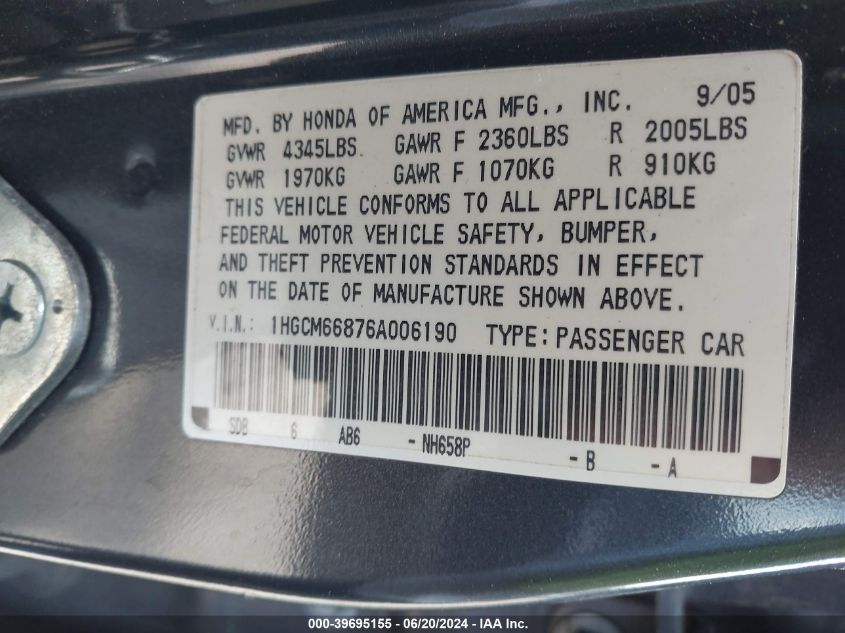 2006 Honda Accord 3.0 Ex VIN: 1HGCM66876A006190 Lot: 39695155