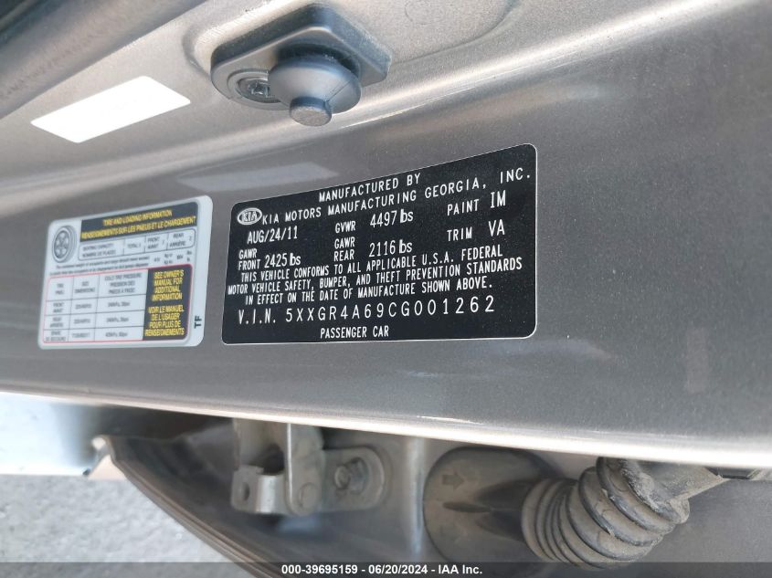2012 Kia Optima Sx VIN: 5XXGR4A69CG001262 Lot: 39695159