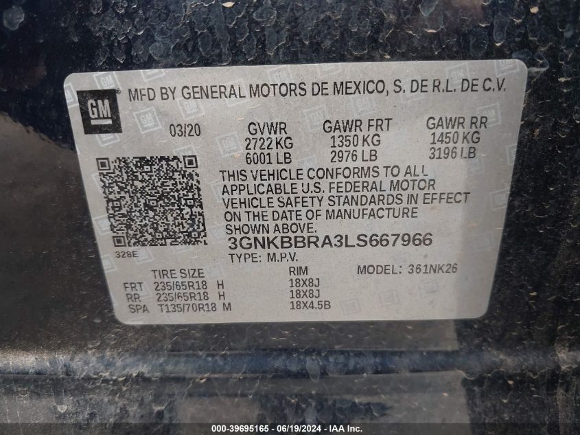 3GNKBBRA3L5667996 2020 Chevrolet Blazer 1Lt