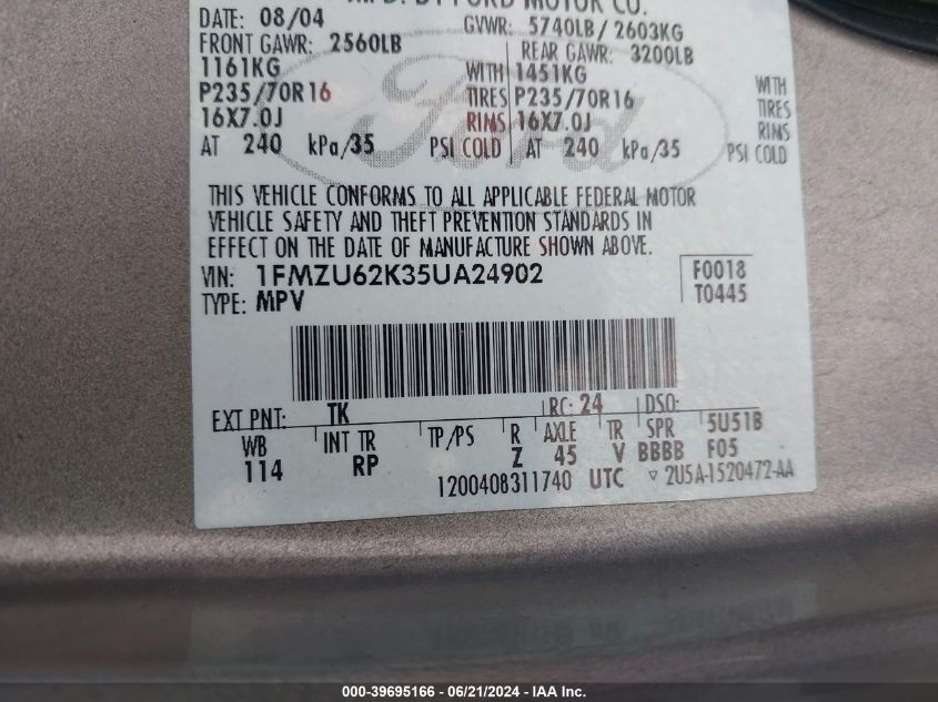2005 Ford Explorer Xls/Xls Sport VIN: 1FMZU62K35UA24902 Lot: 39695166