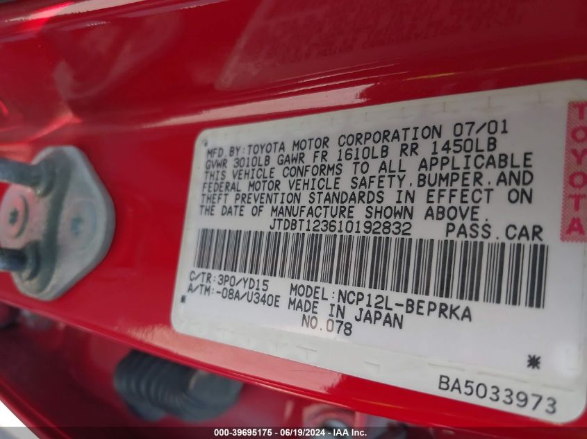 2001 Toyota Echo VIN: JTDBT123610192832 Lot: 39695175