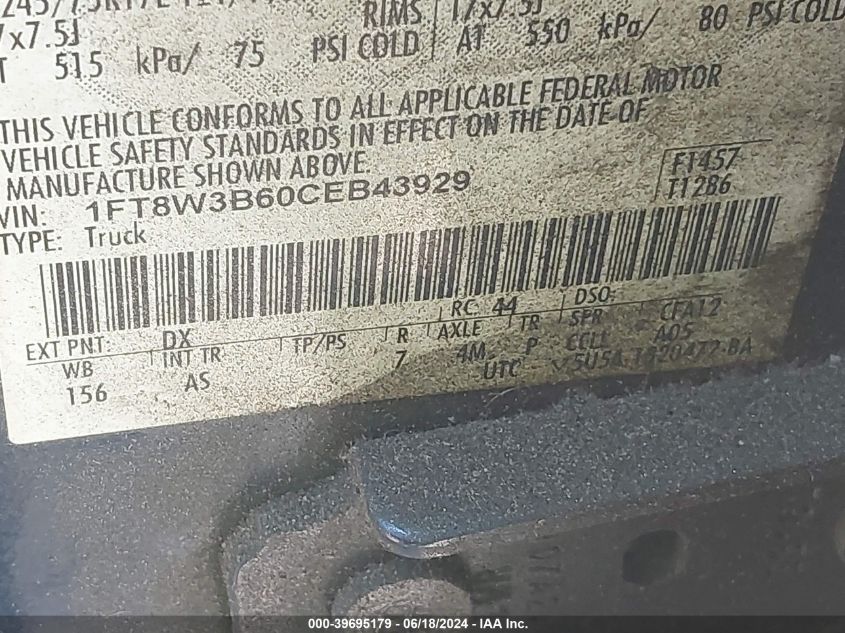 2012 Ford F-350 Xl VIN: 1FT8W3B60CEB43929 Lot: 39695179