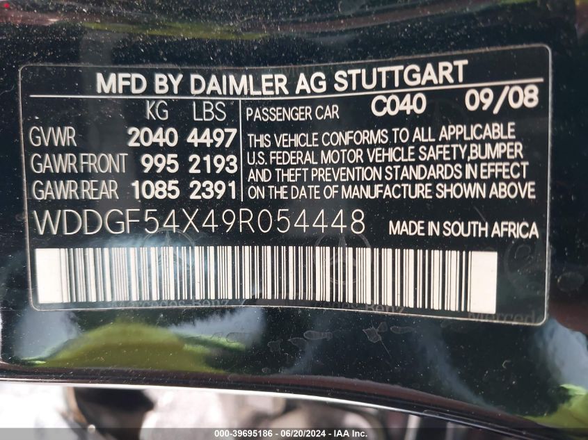 2009 Mercedes-Benz C 300 VIN: WDDGF54X49R054448 Lot: 39695186