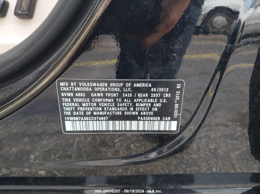 2012 Volkswagen Passat 2.0L Tdi Se VIN: 1VWBN7A35CC074607 Lot: 39695207