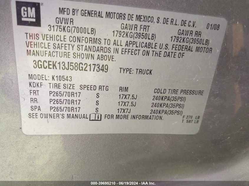 2008 Chevrolet Silverado 1500 Lt1 VIN: 3GCEK13J58G217349 Lot: 39695210