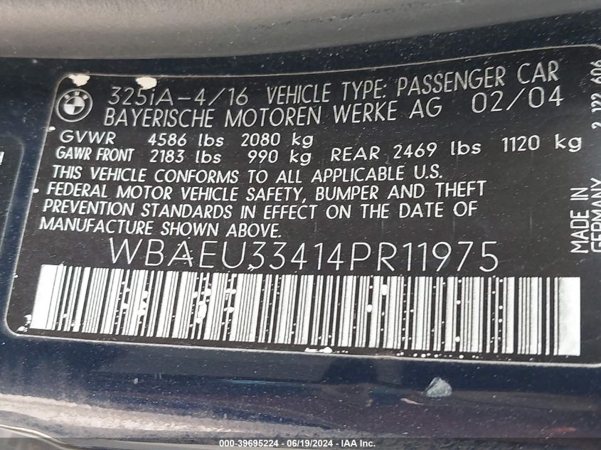 2004 BMW 325Xi VIN: WBAEU33414PR11975 Lot: 39695224