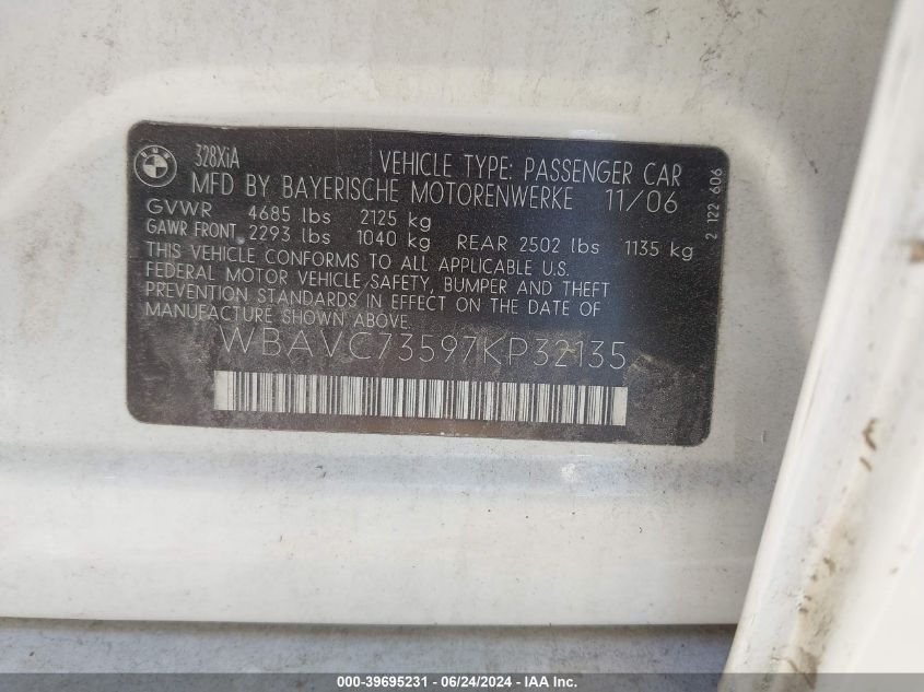 2007 BMW 328Xi VIN: WBAVC73597KP32135 Lot: 39695231