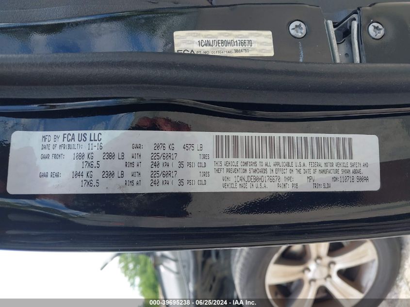 2017 Jeep Compass High Altitude 4X4 VIN: 1C4NJDEB0HD176670 Lot: 39695238