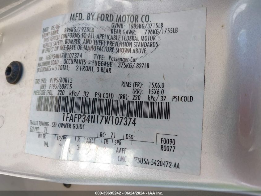 2007 Ford Focus S/Se/Ses VIN: 1FAFP34N17W107374 Lot: 39695242