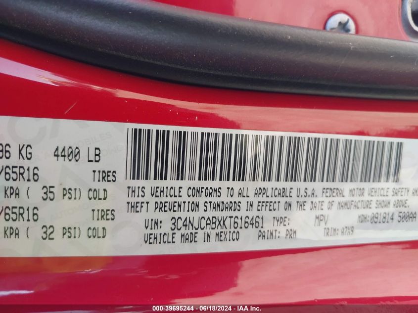 2019 Jeep Compass Sport Fwd VIN: 3C4NJCABXKT616461 Lot: 39695244