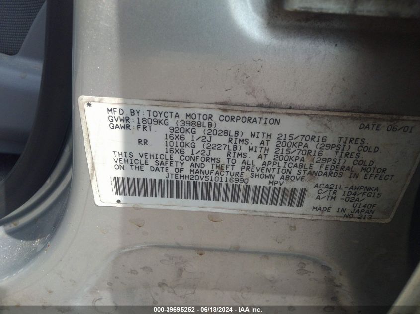 2001 Toyota Rav4 VIN: JTEHH20V510116990 Lot: 39695252