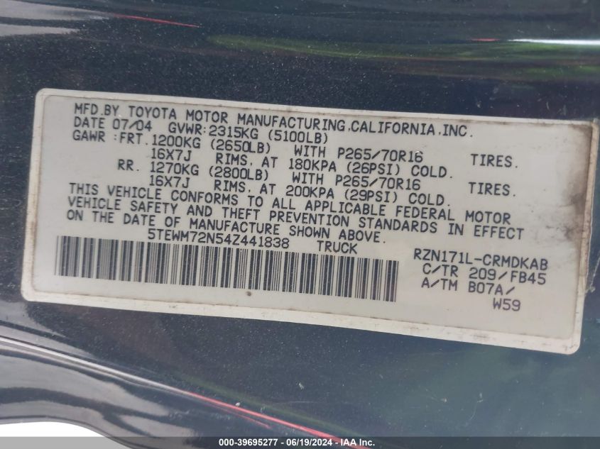 2004 Toyota Tacoma VIN: 5TEWM72N54Z441838 Lot: 39695277