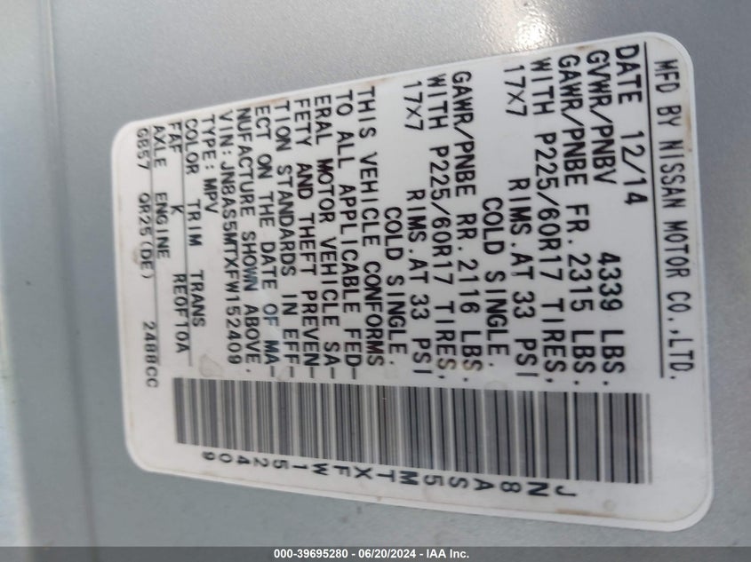 2015 Nissan Rogue Select S VIN: JN8AS5MTXFW152409 Lot: 39695280