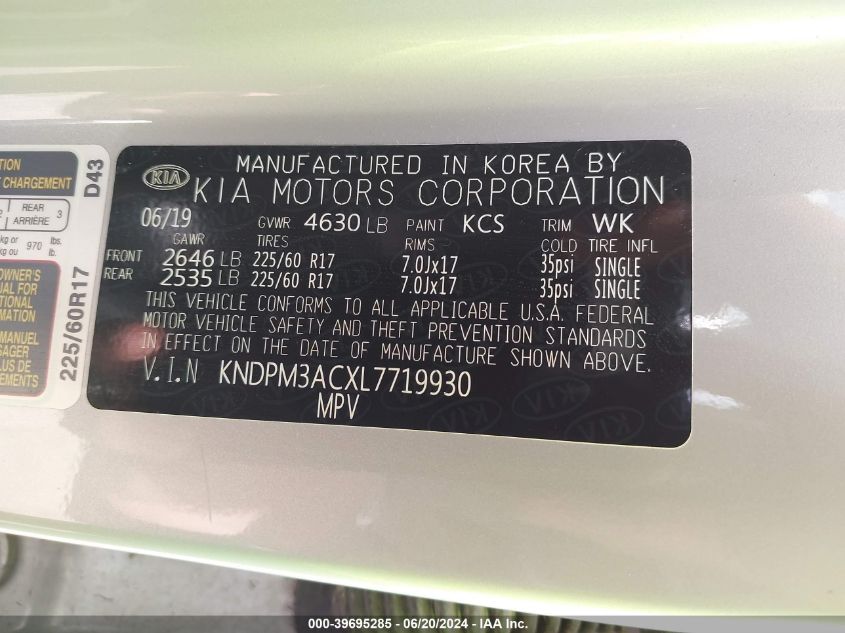 2020 Kia Sportage Lx VIN: KNDPM3ACXL7719930 Lot: 39695285